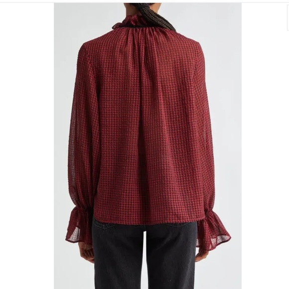 Ganni Red & Black Check Seersucker Tie Neck Shirt ♥️ - Picture 3 of 15